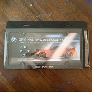 BMW OEM Black Slimline Plate Frame & Roundel Valve Stem Caps Set